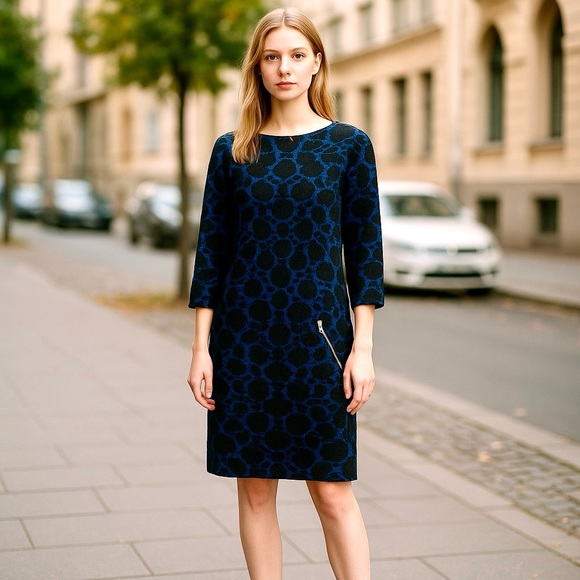 Louis Vuitton Blue Sheath Dress With FlowersBrocade 3/4 Sleeve Crew Neck Size Sm - Picture 1 of 11